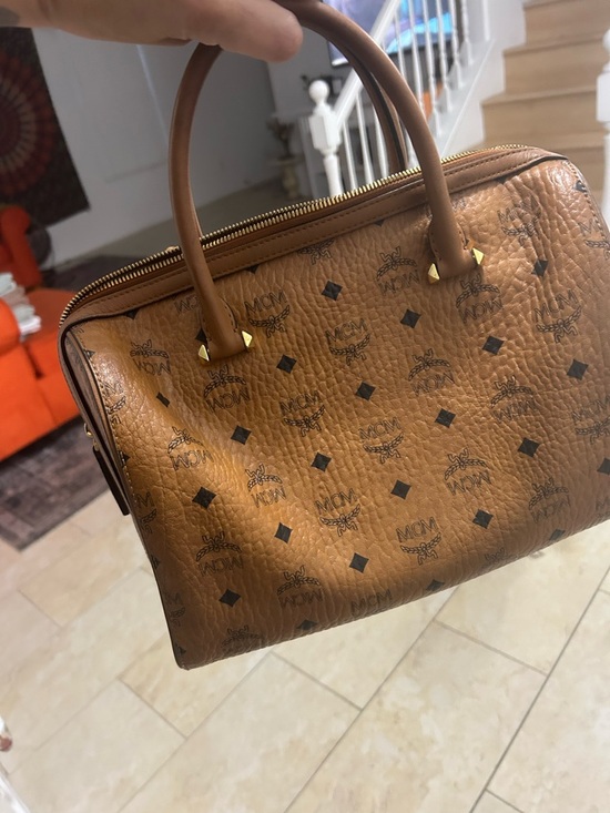 MCM Handbags - MCM Cognac Monogram Dome Satchel with Gold Hardware
